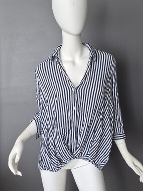 Navy and White Striped Button-Down Twist-Hem Top